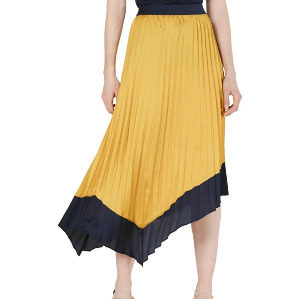 Bar lll Asymmetrical Pleated Abstract Geo Yellow Navy Skirt Size 10 New